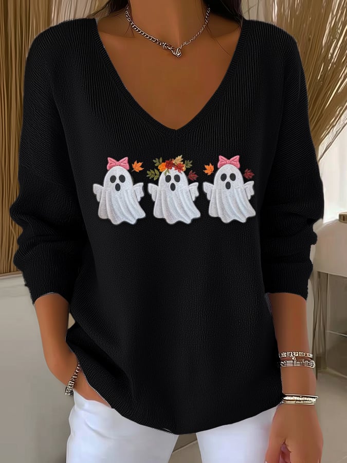 Women's Casual Pink Ghost Stripe Long-Sleeved V-Neck Top