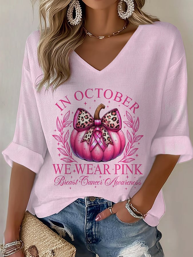 Women's In October We Wear Pink Print Waffle T-Shirt