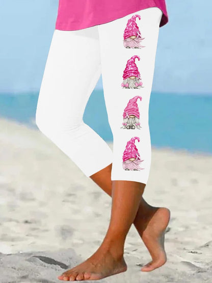 Women's Pink Ribbon Breast Cancer Awareness Gnome Print Cropped Leggings