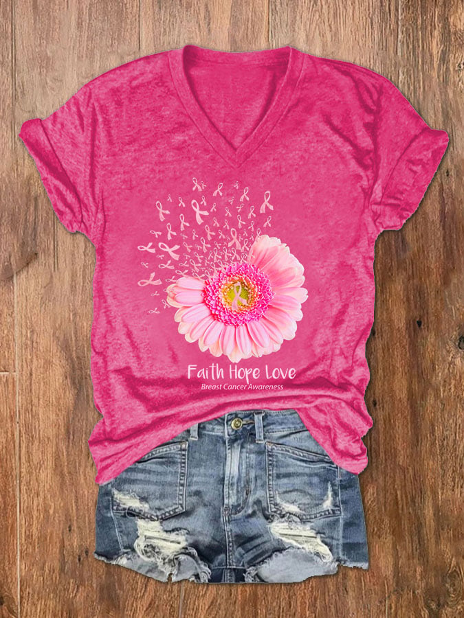 Women's Daisy Faith Hope Love Breast Cancer Awareness T-Shirt