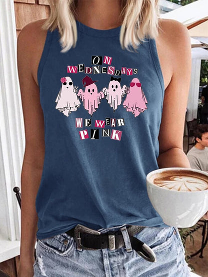 Women's Halloween Breast Cancer On Wednesday We Wear Pink Cute Ghost Halloween Print Tank Top
