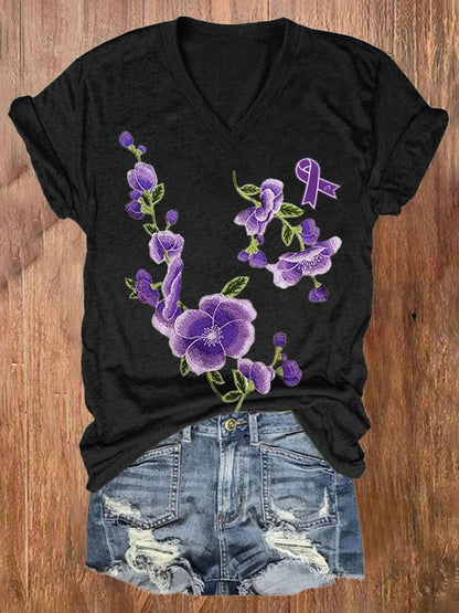 Women's Purple Alzheimer Awareness Flowers Print T-shirt