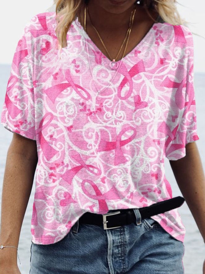 Women's Breast Cancer Awareness Pink Floral V-Neck T-Shirt