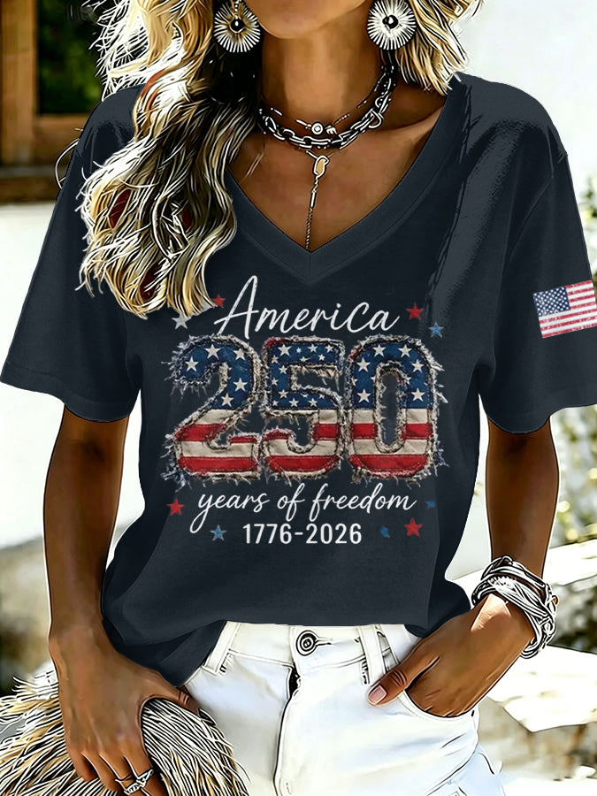 Ladies' Casual American 250Th Anniversary Celebration Personalized Printed V-Neck Short Sleeved Shirt