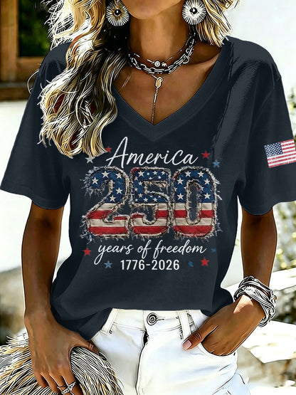 Ladies' Casual American 250Th Anniversary Celebration Personalized Printed V-Neck Short Sleeved Shirt