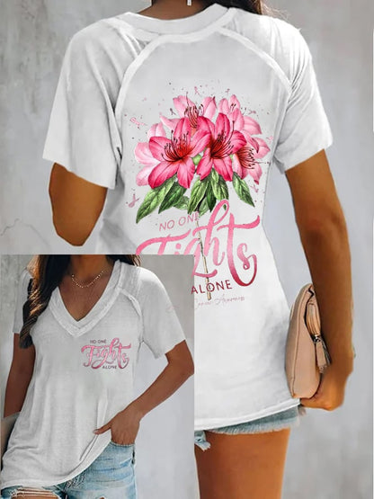 Women's No One Fight Alone Breast Cancer Awareness Print V-Neck Top