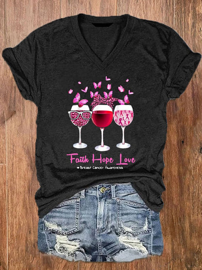 Women's Faith Hope Love Wine Glass Butterfly Breast Cancer Awareness T-Shirt