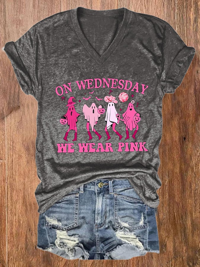 Women's Halloween Breast Cancer On Wednesdays We Wear Pink Howdy Pink Ribbon Ghost Print V-Neck T-Shirt