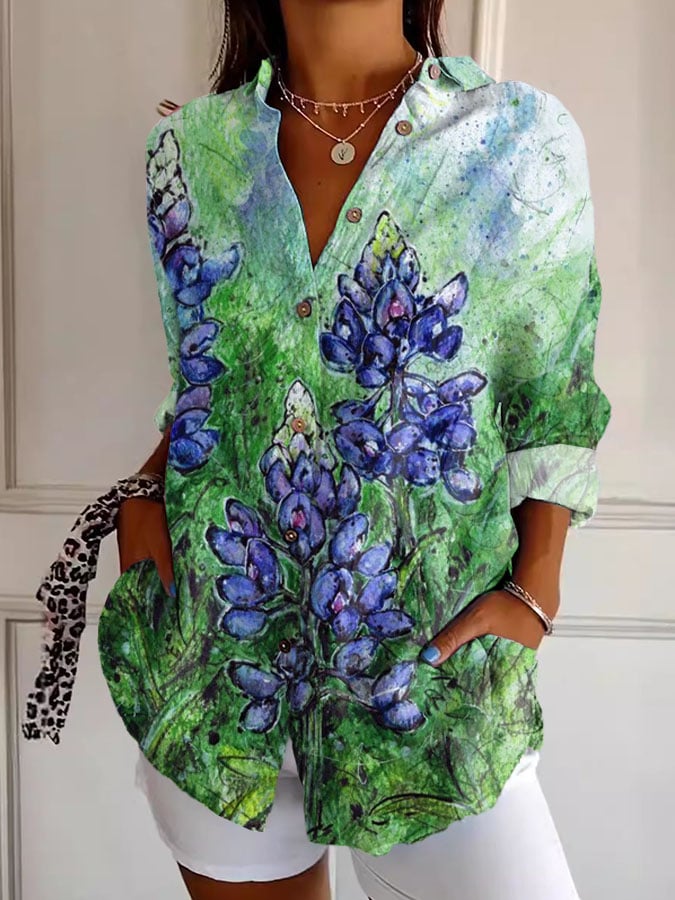 🙏💔Join us in praying for Texas.🙏Women's Retro Texas Bluebonnet Print Casual Shirt