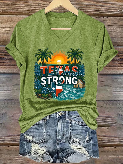 🙏💔Join us in praying for Texas.🙏V-Neck Retro Texas Strong Palm Trees Print T-Shirt