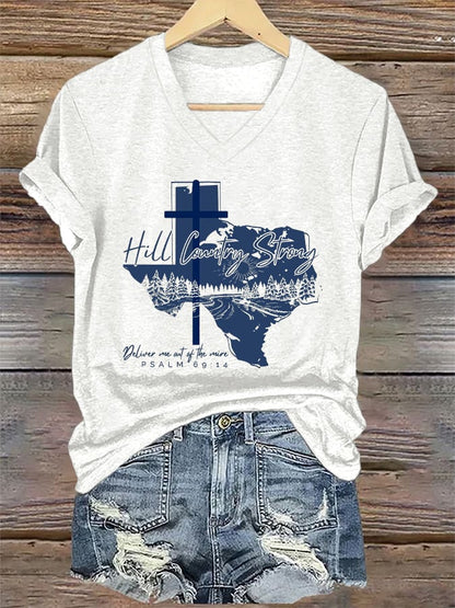 🙏💔Join us in praying for Texas.🙏V-Neck Retro Texas Strong Hill Country Strong Deliver Me Out Of The Mire Psalm 69:14 Print T-Shirt