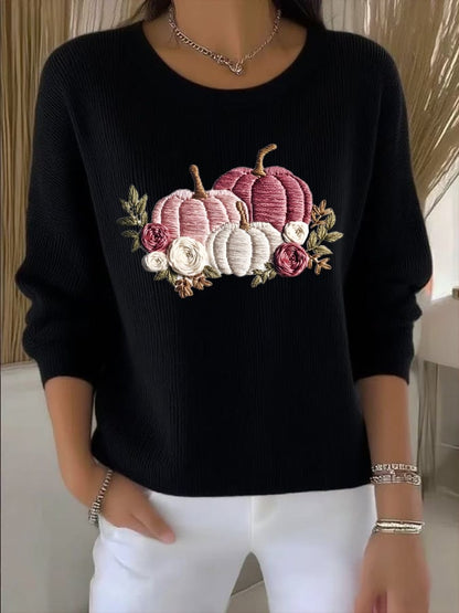 Women's Casual Pink Pumpkin Print Long-Sleeved Round Neck Bottoming Shirt
