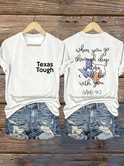 🙏💔Join us in praying for Texas.🙏V-Neck Retro Texas Tough When You Go Through Deep Waters, I Will Be With You. Isaiah 43:2 Print T-Shirt