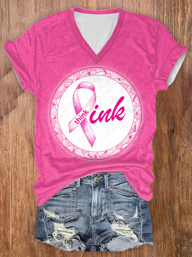 Women's Casual Pink Ribbon Breast Cancer Art Print Short Sleeve T-Shirt