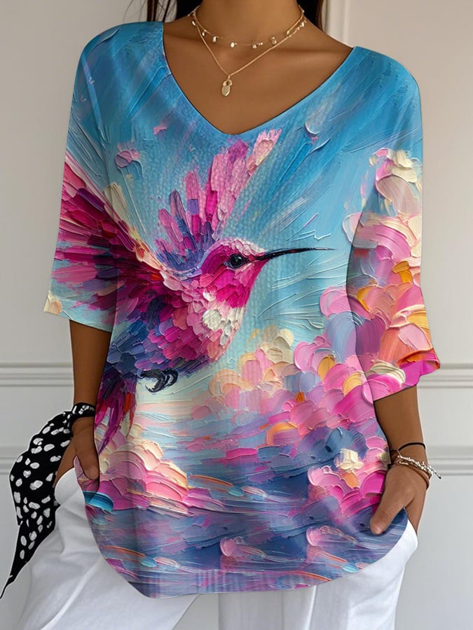 Women's Casual Hope Hummingbird Breast Cancer Awareness Bubble Wrinkle Top