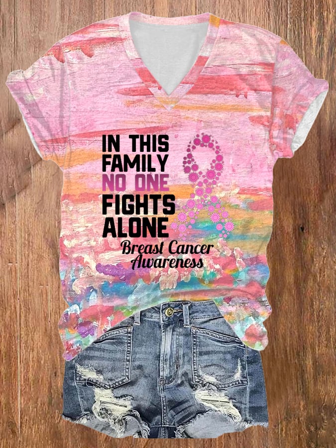 In This Family No Fights Alone Breast Cancer Awareness Pink Ribbon Print V Neck T-Shirt