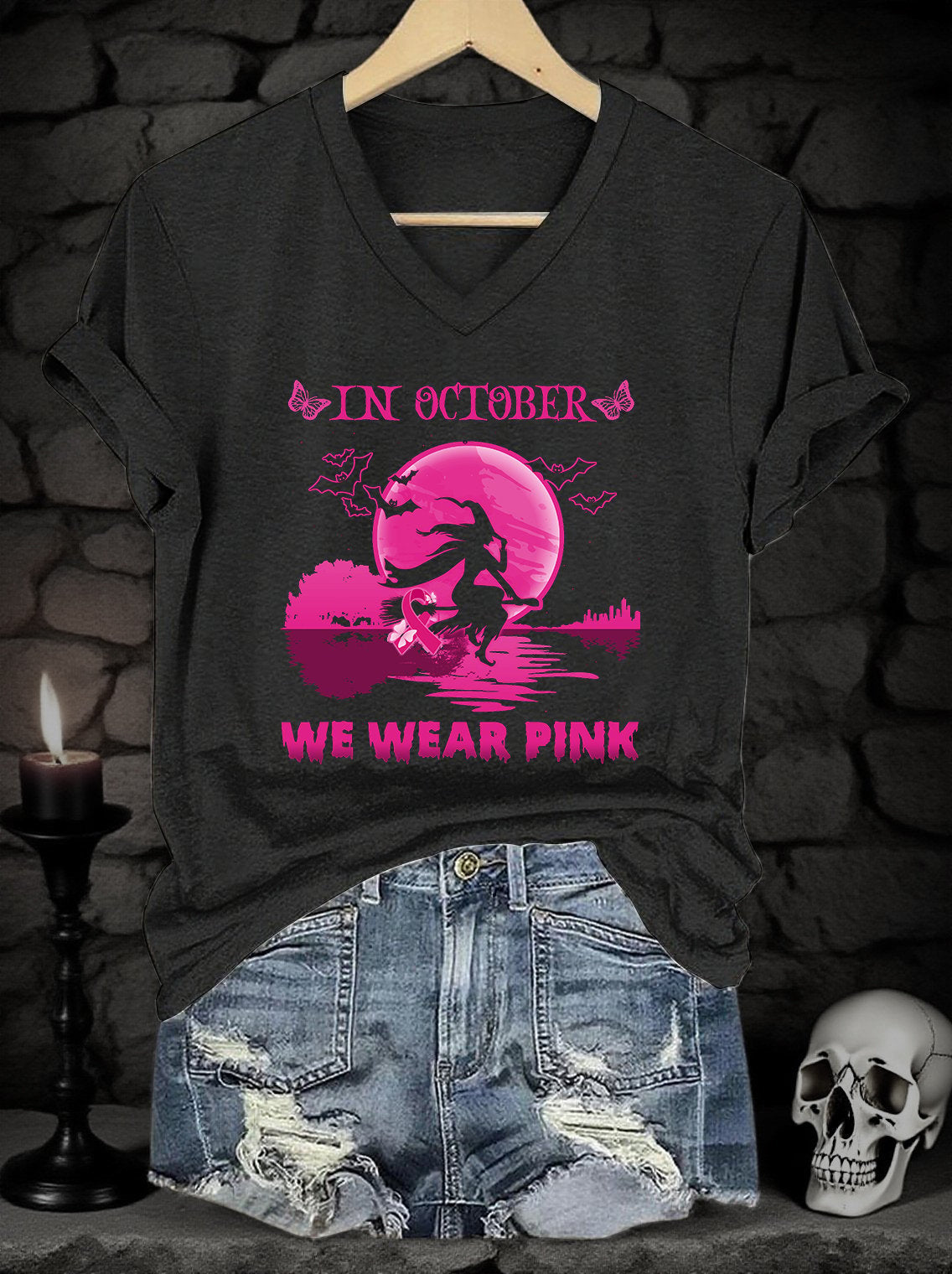 Women's Pink Art Print V-Neck Short-Sleeved T-Shirt