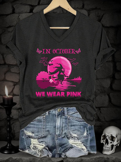Women's Pink Art Print V-Neck Short-Sleeved T-Shirt