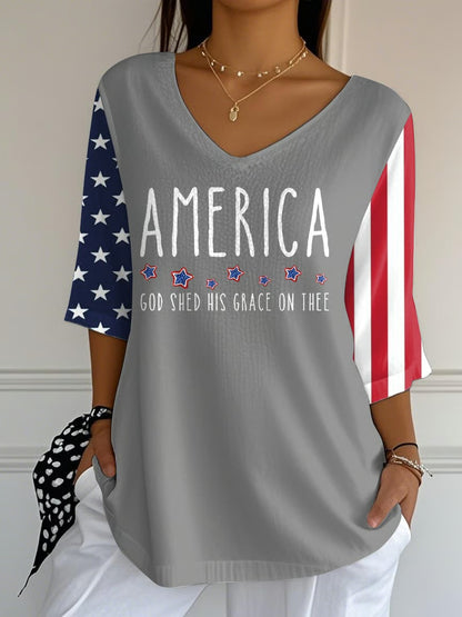 Ladies' Casual 250Th Anniversary Celebration Of The Founding Of The United States, Personalized Printed V-Neck Half Sleeved Top