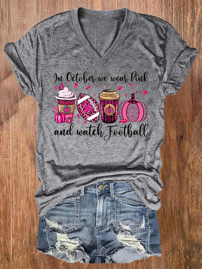 Women's In October We Wear Pink and Watch Football Breast Cancer Awareness T-Shirt