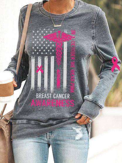 Women's In October We Wear Pink Breast Cancer Awareness Print Casual Crew Neck Sweatshirt