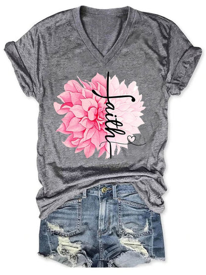 Women'S Floral Breast Cancer Awareness Crewneck T-Shirt