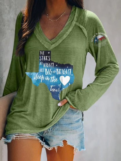 🙏💔Join us in praying for Texas.🙏V-neck Retro Texas Strong The Stars At Night Are Big And Bright Deep In The Heart Of Texas Print T-Shirt