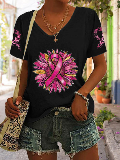 Women's Sunflower Pink Breast Cancer Awareness Support Women Warrior Essential Print Short Sleeve T-Shirt