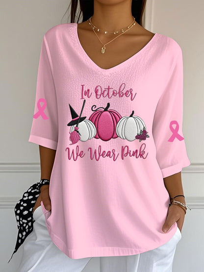 Women's Breast Cancer In October We Wear Pink Print Casual T-Shirt