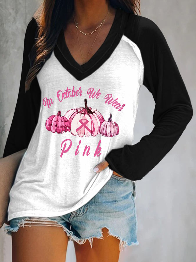In October We Wear pink Print V-Neck Casual T-Shirt