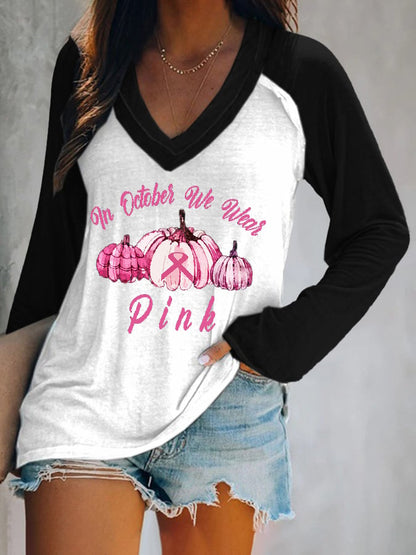 In October We Wear pink Print V-Neck Casual T-Shirt