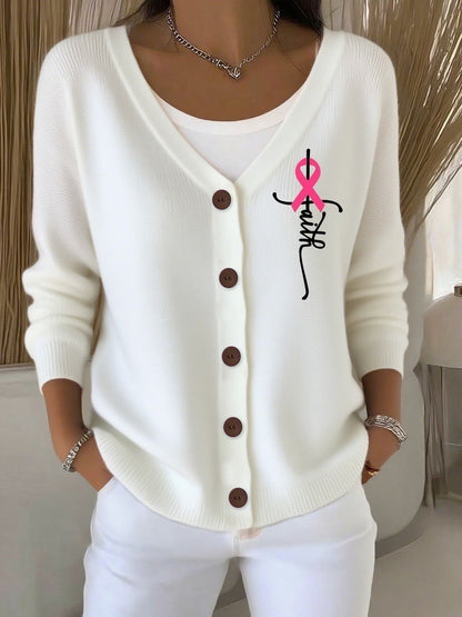 Women's Breast Cancer Cross Print Thick-Knit Straight Cardigan