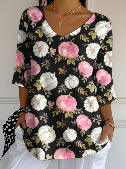 Women's Casual Pink Patchwork Print Pumpkin Bubble Wrinkle Top