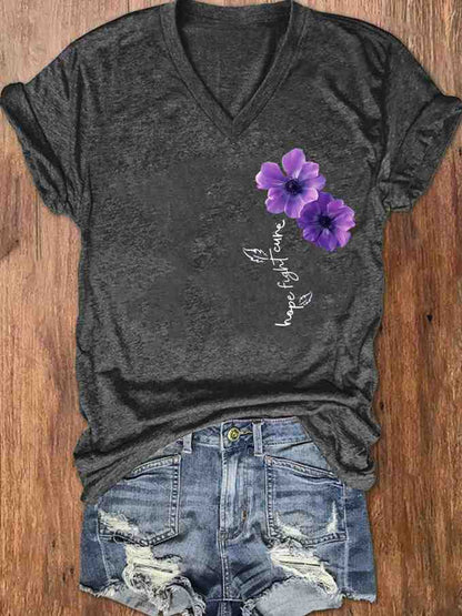 Women's Pansy Hope Fight Cure Dementia Alzheimer's Printed V-Neck T-Shirt