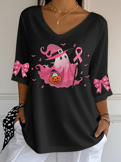 Women's Casual Pink Ghost Bubble Wrinkled Three-Quarter Sleeve Top