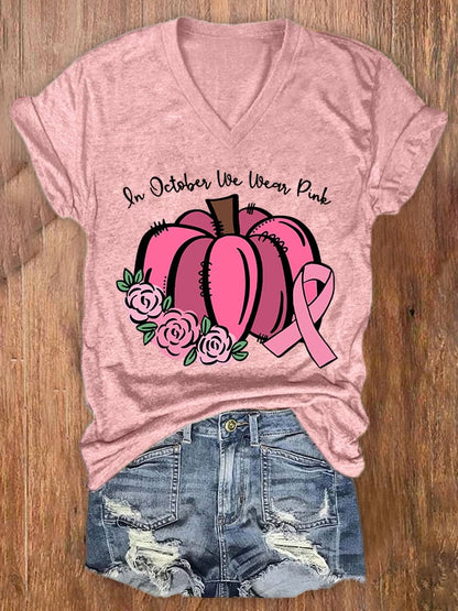 Women's Casual In October We Wear Pink Printed Short Sleeve T-Shirt