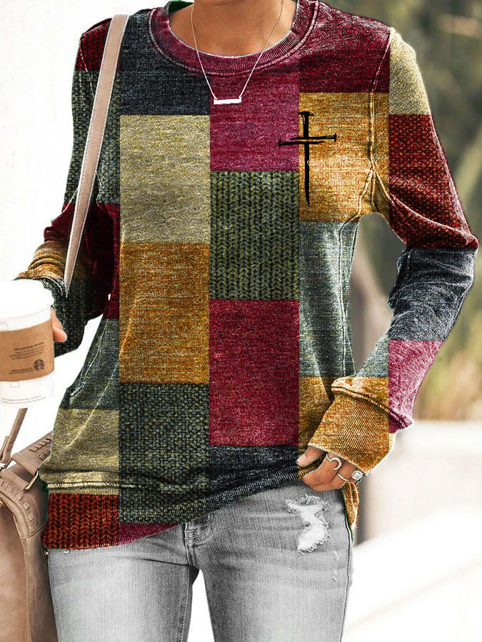 Women's Casual Autumn And Winter Retro Color Block Contrast Faith Sweatshirt