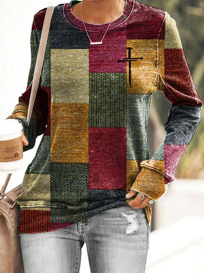 Women's Casual Autumn And Winter Retro Color Block Contrast Faith Sweatshirt