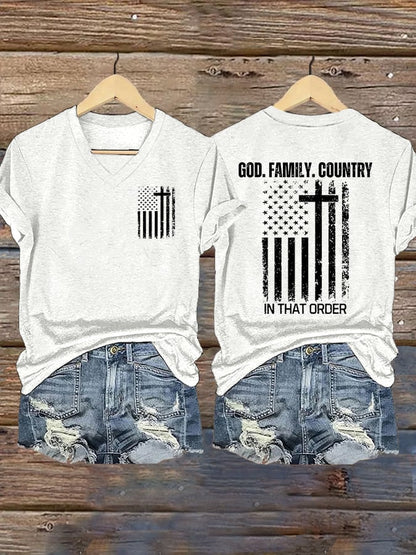 Women's God Family Country In That Order Print V Neck T-shirt