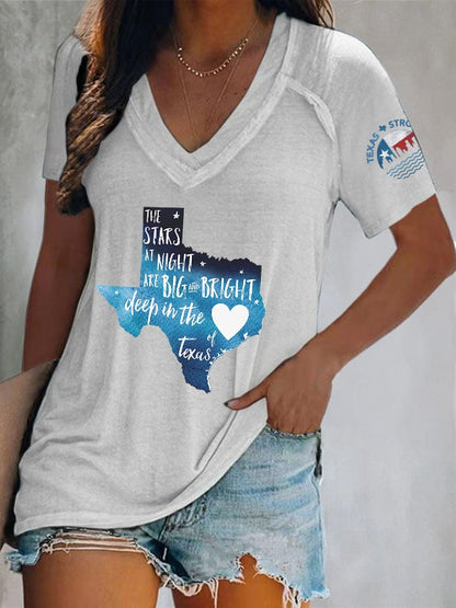 🙏💔Join us in praying for Texas.🙏V-Neck Retro Texas Strong The Stars At Night Are Big And Bright Deep In The Heart Of Texas Print T-Shirt