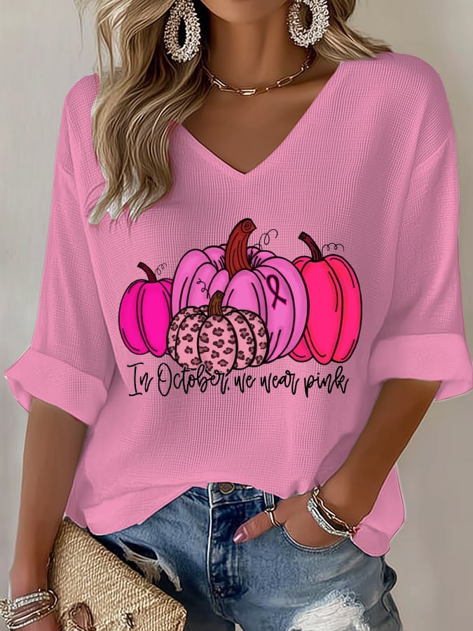 Women's In October We Wear Pink Print Waffle T-Shirt
