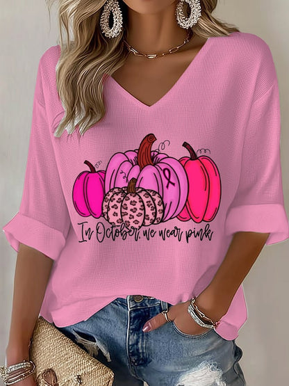 Women's In October We Wear Pink Print Waffle T-Shirt