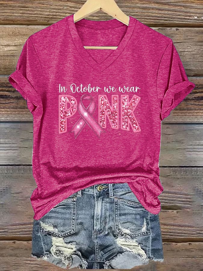 Women's Breast Cancer Slogan "In October We Wear Pink" V-Neck Printed T-Shirt Top