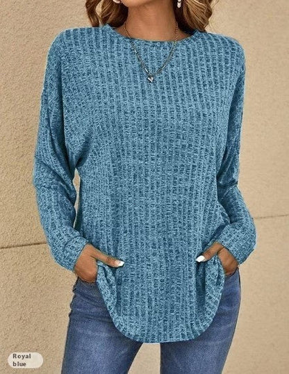 Women's sweater ribbed knit elegant round neck solid long sleeves
