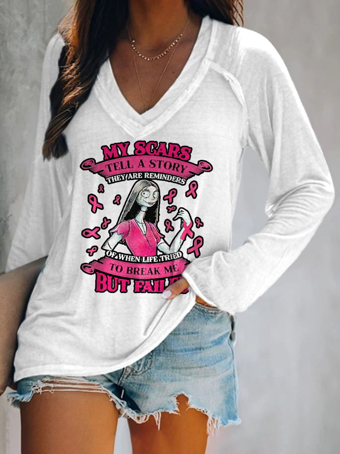 V-Neck Breast Cancer Awareness My Scars Tell A Story They Are Reminders Of When Life Tries To Break Me But Failed Long Sleeve T-Shirt