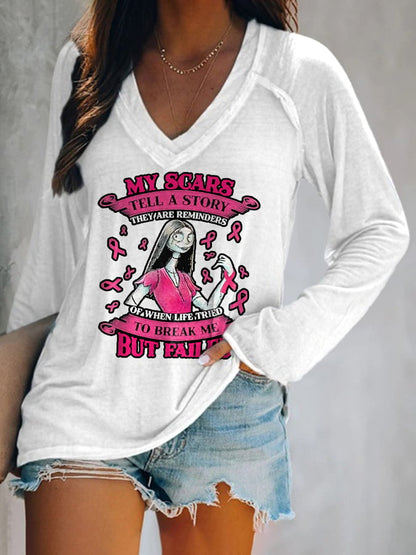 V-Neck Breast Cancer Awareness My Scars Tell A Story They Are Reminders Of When Life Tries To Break Me But Failed Long Sleeve T-Shirt