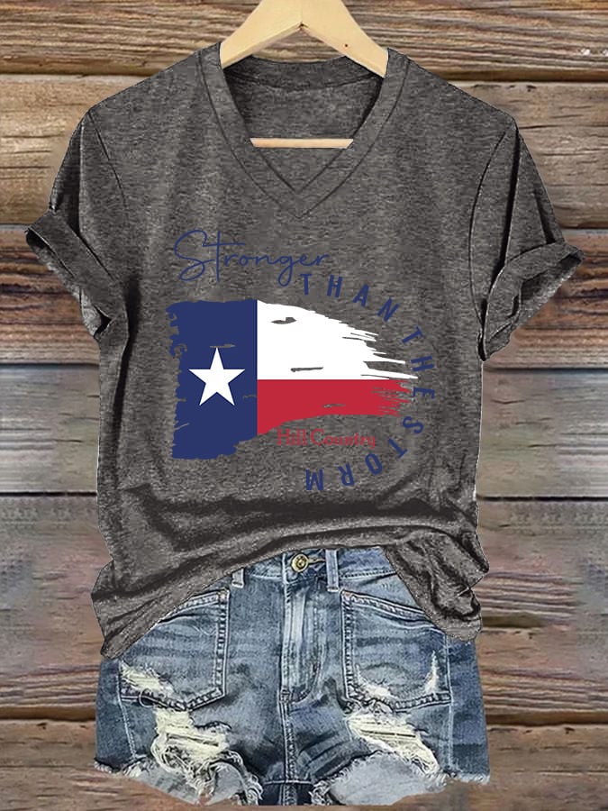 🙏💔Join us in praying for Texas.🙏V-Neck Retro Texas Strong Hill Country Stronger Than The Storm Print T-Shirt