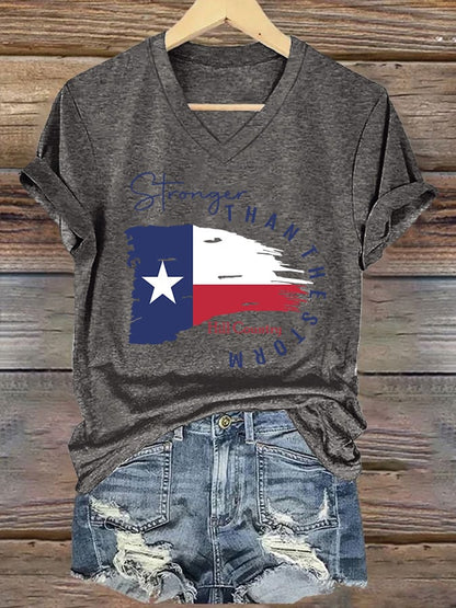 🙏💔Join us in praying for Texas.🙏V-Neck Retro Texas Strong Hill Country Stronger Than The Storm Print T-Shirt