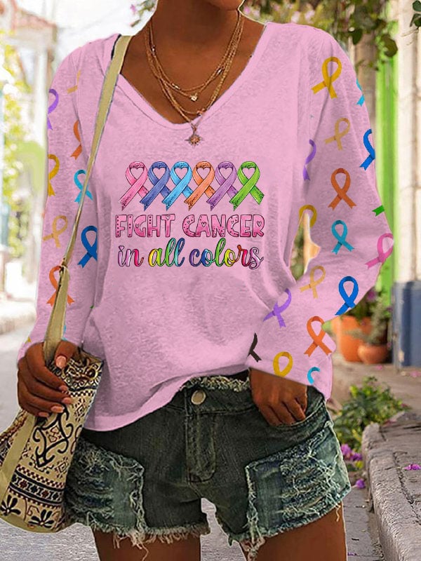 Women's Fight Cancer In All Colors V-neck Long Sleeve T-shirt