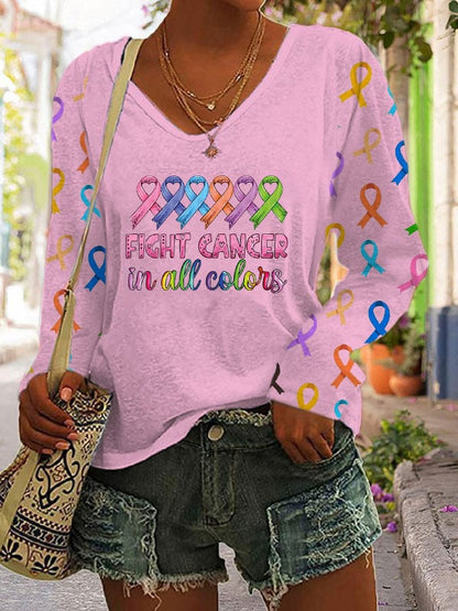 Women's Fight Cancer In All Colors V-neck Long Sleeve T-shirt